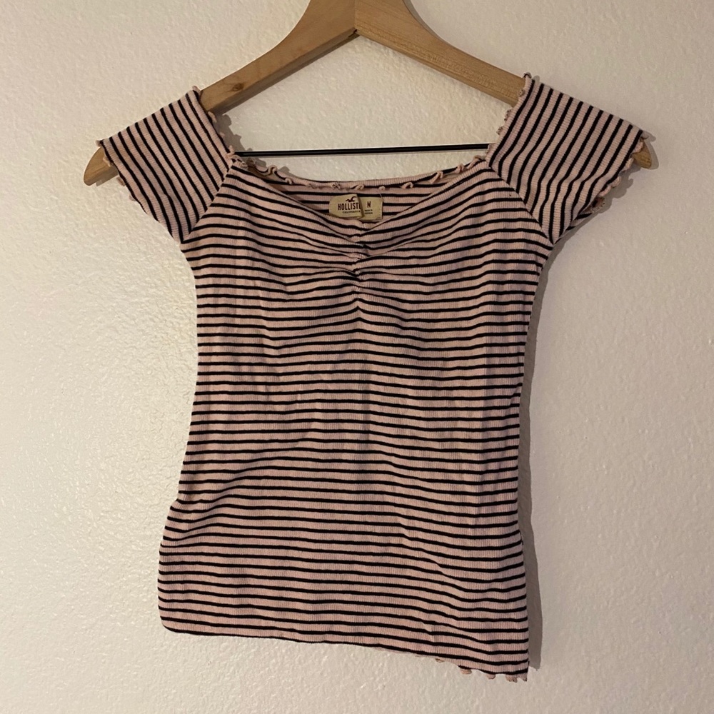 pink and black striped top (on or off shoulder)